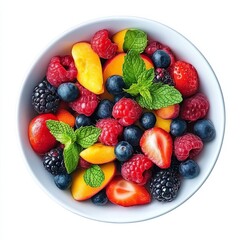 Obraz premium A bowl of colorful mixed berries with mint leaves, isolated white background, surrealism art style