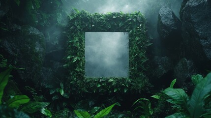 Lush greenery frames a square portal in a mystical forest scene
