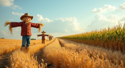 Arafed scarecrows in a corn field with a sky background