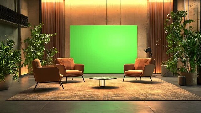 elegant interview studio with plush chairs, warm lighting, and a green screen subtly integrated into the side wall for dynamic background changes.