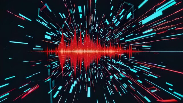 In a virtual space, neon-blue light trails create a tunnel effect during a digital surge, giving a cyberpunk atmosphere. 