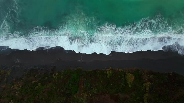 Birdseye view of USAL Beach Campground waves black sand Whitehorn Northern California aerial drone fog mist rain clouds Lost Coast Trail Redwood National State Park Forest PNW Pacific Northwest static