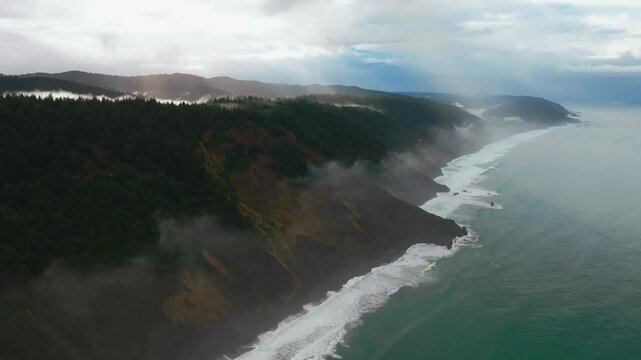 USAL Beach Whitehorn Northern California aerial drone Lost Coast Trail Oregon Washington Redwood National State Park Forest PNW Pacific Northwest morning fog mist clouds rugged shore Mendocino down