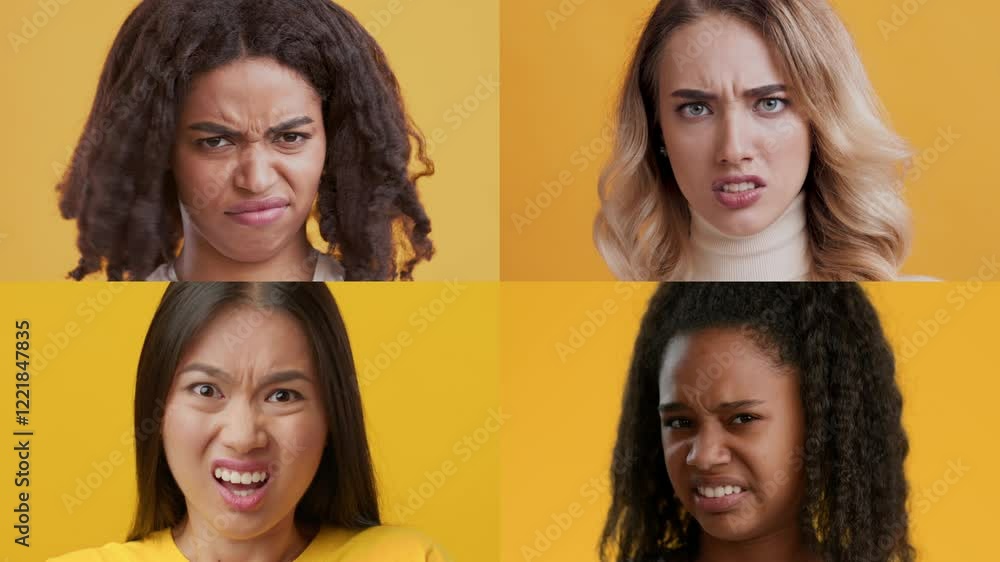 Poster Four individuals display a range of emotions against a bright yellow background, showcasing diversity in feelings. The expressions vary from surprise to disgust, reflecting different reactions.