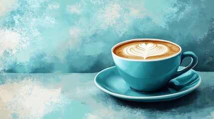 Obraz premium Serene teal latte art sits calmly against a soft aqua background. AI Generated