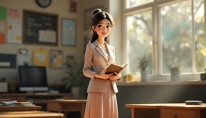 Animated Teacher Girl Classroom Book Gentle Style Sunlight