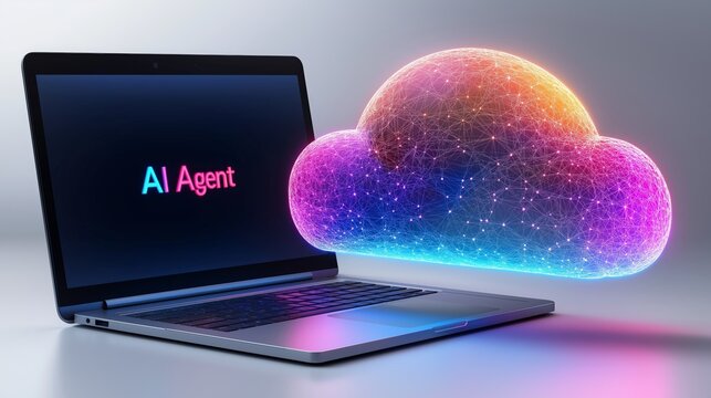An AI agent virtual cloud hologram and a laptop computer symbolizing agentic digital autonomy using teamwork and human collaboration in the autonomous workforce
