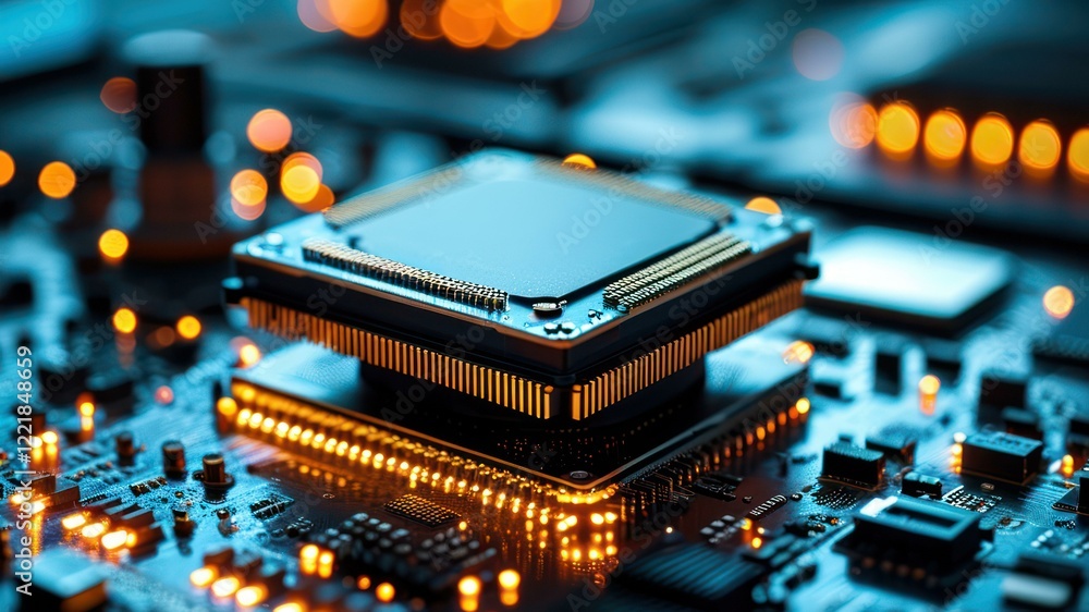 Poster close up of modern microchip on circuit board, illustrating advanced technology and innovation in el