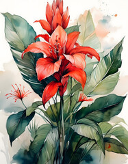 A watercolor painting of a vibrant red flower with spiky petals and large green leaves, set against a soft, watercolor background