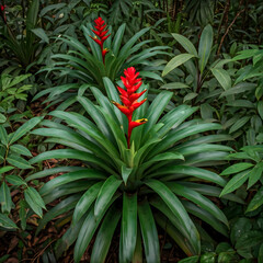 Obraz premium Lush green foliage with vibrant red flowers in a tropical setting, showcasing the beauty of nature