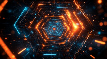 Abstract Hexagonal Tunnel Neon Lights Digital Art