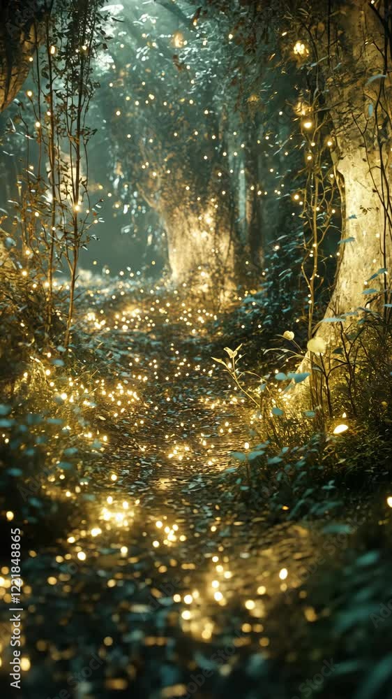 Poster enchanted forest pathway illuminated by glowing particles under soft light in twilight hours