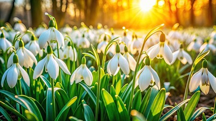 Obraz premium Panoramic Snowdrop Meadow: Spring Flowers, White Blossoms, Galanthus, Nature Photography, Wildflowers, Floral Panorama, Spring Landscape