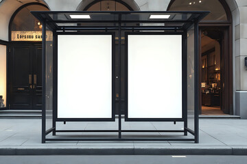Mockup Of Empty Bus Stop Billboard In Front Of Luxury Store. Two Blank Advertising Poster Sign Boards On The City Street