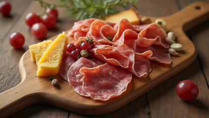  a meat board with cured meat and charcuterie filled with an assortment of cured meats such as prosciutto, salami, soppressata, and chorizo, laid out in an elegant, artful arrangement