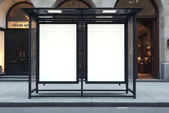 Mockup Of Empty Bus Stop Billboard In Front Of Luxury Store. Two Blank Advertising Poster Sign Boards On The City Street