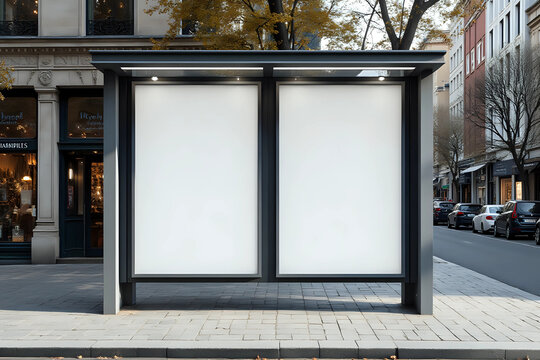 Mockup Of Empty Bus Stop Billboard In Front Of Luxury Store. Two Blank Advertising Poster Sign Boards On The City Street