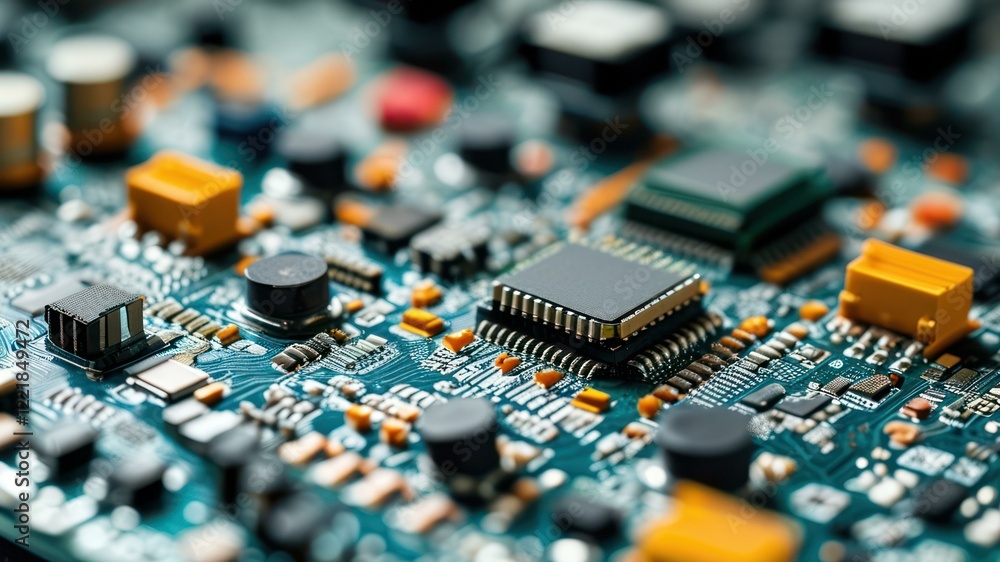 Poster close up of a circuit board showcasing intricate electronic components and microchips, emphasizing t