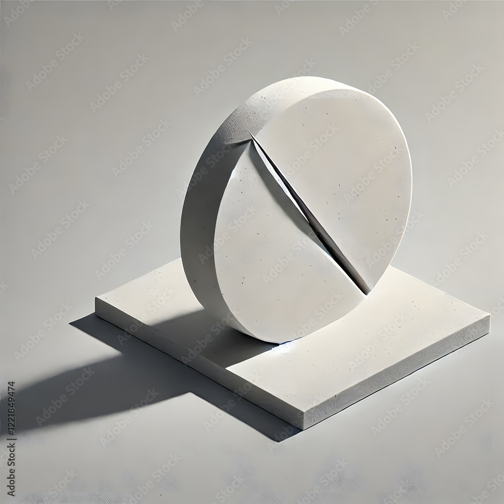 Poster a white geometric sculpture with a sliced disc on a rectangular base casting a shadow