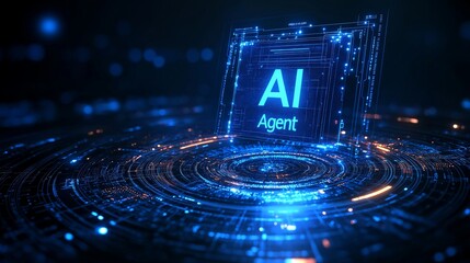 An AI agent hologram symbolizing agentic autonomy for collaboration with the human workforce using autonomous agents to work in business partnership using teamwork