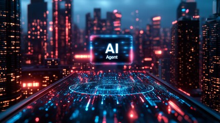 An AI agent hologram symbolizing agentic autonomy for collaboration with the human workforce using autonomous agents to work in business partnership using teamwork