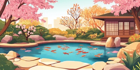 Serene Koi Pond Garden with Blossoming Cherry Trees