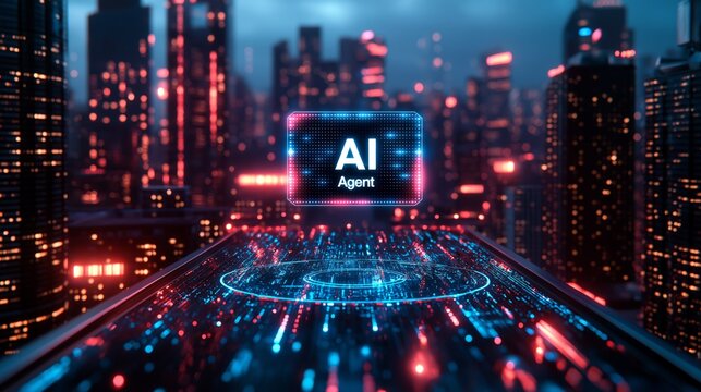 An AI agent hologram symbolizing agentic autonomy for collaboration with the human workforce using autonomous agents to work in business partnership using teamwork