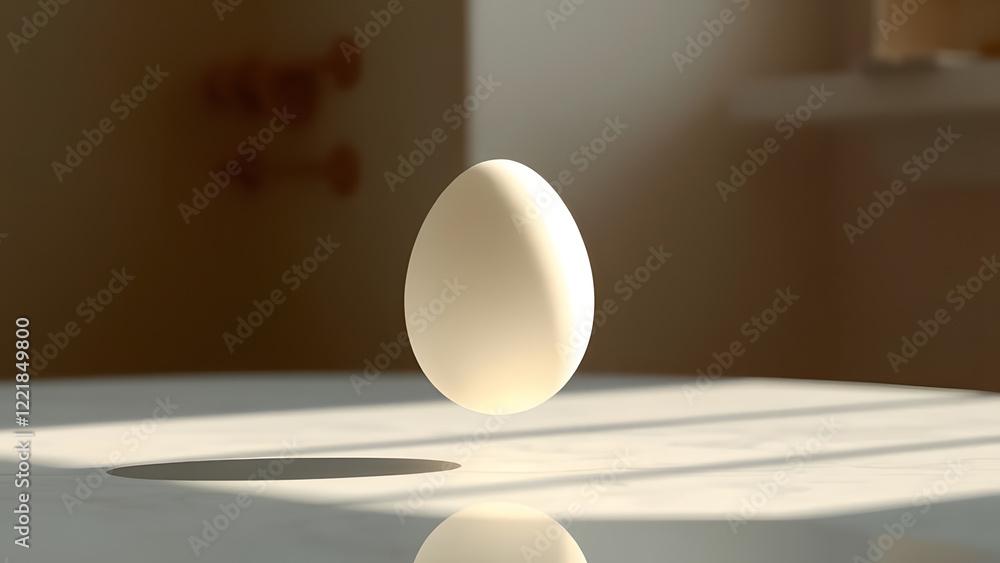 Poster a smooth, white egg appears to float above a reflective surface, casting a distinct shadow