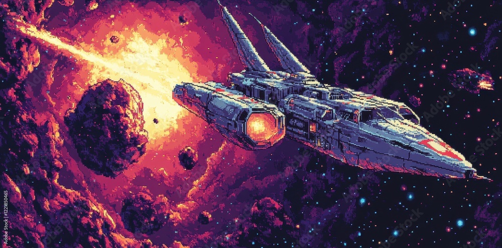 Poster spaceship navigating a fiery cosmic nebula field