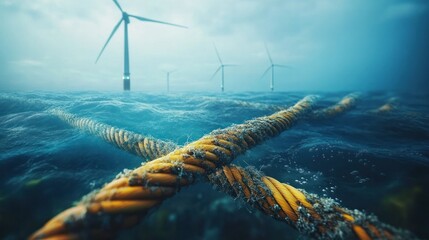 Fototapeta premium Underwater view of an offshore wind farm with turbines generating renewable energy amidst calm waves and tangled ropes in the tranquil blue ocean