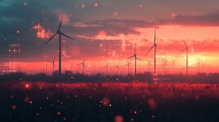 Silhouetted wind turbines gracefully stand in a vibrant red field at sunset glowing softly. AI Generated