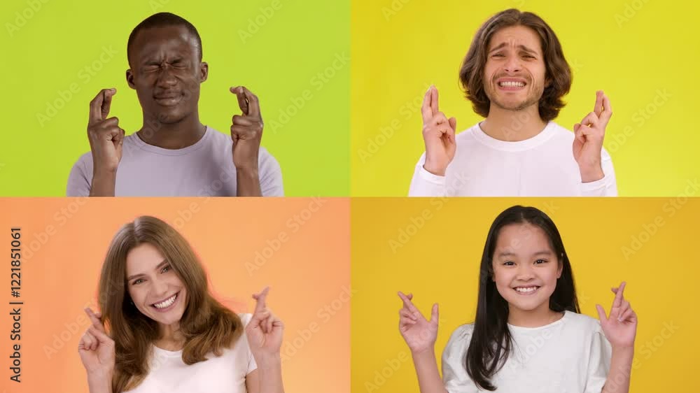 Poster A collection of individuals expressing emotions through gestures, showcasing diversity with a colorful background that enhances their unique features and vivacious energy.