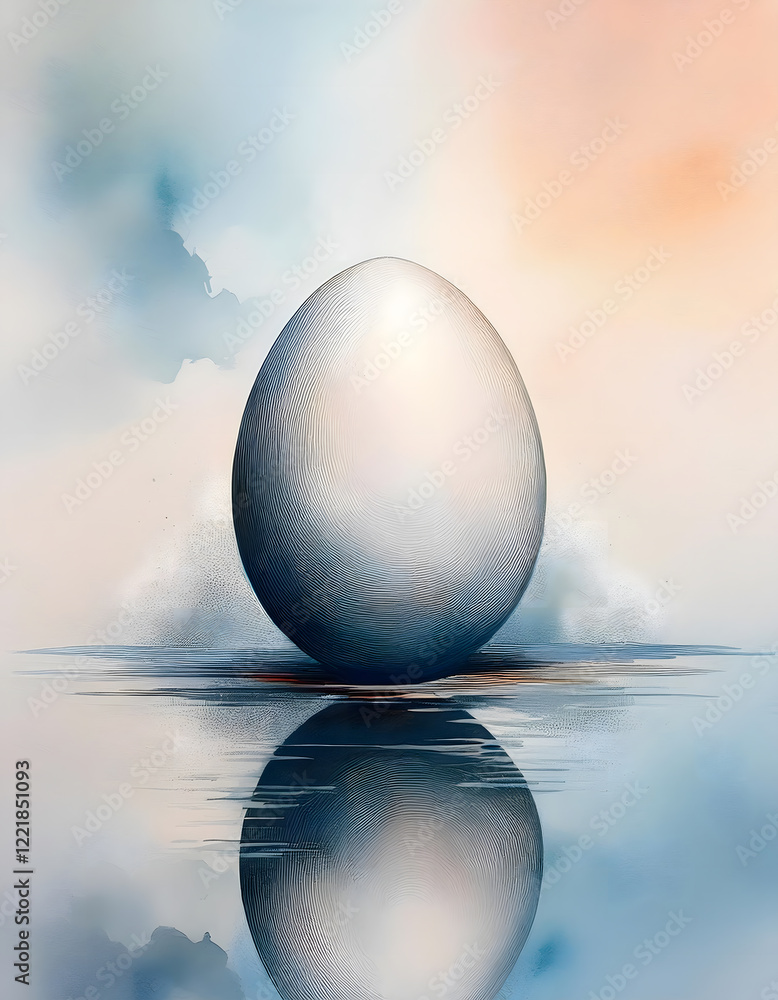 Aufkleber a smooth white sphere resting on a reflective surface with a soft pastel sky background. a minimalis