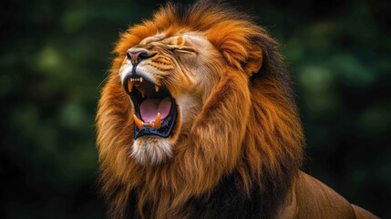 Naklejka premium Majestic male lion roaring with mouth open, showcasing powerful teeth and mane.