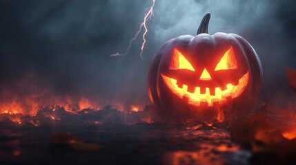 Spooky Glowing Pumpkin Appearing in Dark Halloween Night Scene