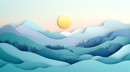 Fototapeta premium Serene Papercut Mountains Sunset Landscape. AI Generated