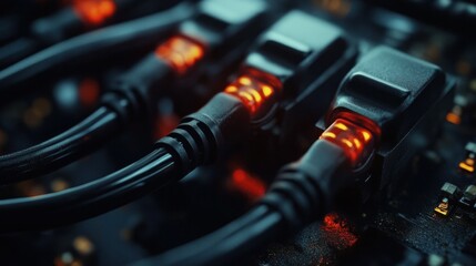 Closeup of tangled black computer cables electrical ports and power cords on a dark abstract background  Concept of digital connectivity electronic equipment and technological infrastructure