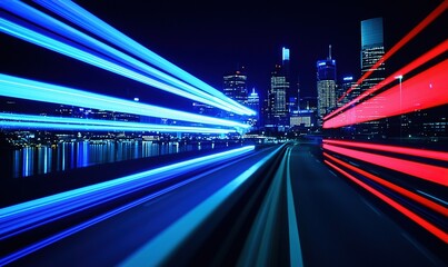City night traffic light trails with blurred cityscape background