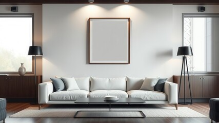 A modern living room with a contemporary wall art mockup displayed above a sleek sofa, artistic, canvas, cozy