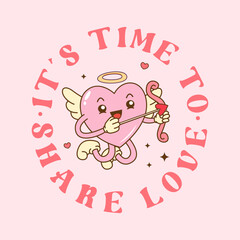 Retro groovy cartoon love heart 14 February mascot happy valentines day card template
