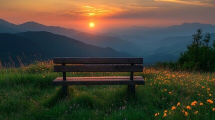 Serene sunset view mountain bench peaceful landscape. AI Generated