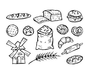 Hand-drawn doodle cartoon of bakery bread products vector element.