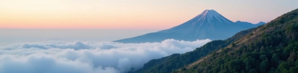 Naklejka premium Misty morning on the mountain peak with fog rolling in, sky, mountain