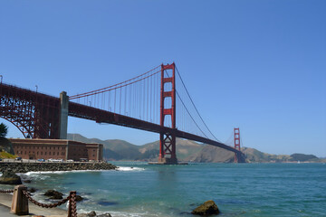 Golden Gate Bridge and San Francisco Bay. Scenic Landscape with Boat and Ocean View Photo