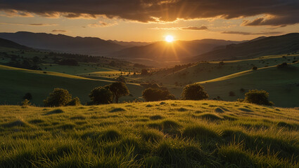 the sunset over the fields is beautiful, calm and natural