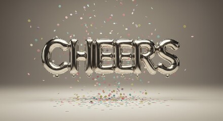A creative photo of chrome-colored balloons shaped into letters spelling Cheers surrounded by softly falling confetti