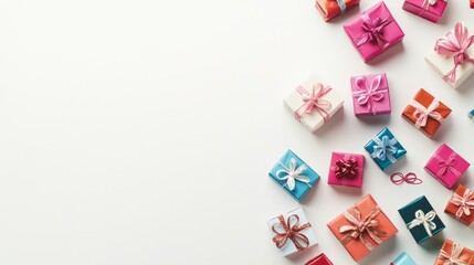 An overhead view of a collection of small, colorful gift boxes scattered across a clean white background, perfect for greeting card advertising .