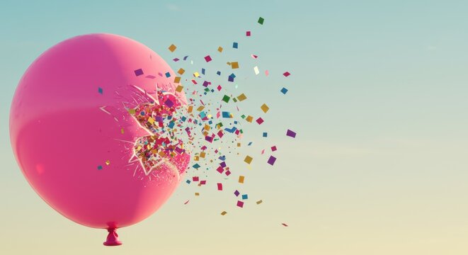 A creative conceptual image of a single confetti-filled balloon bursting mid-air with sharp detail on the flying confetti pieces