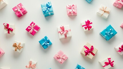 An overhead view of a collection of small, colorful gift boxes scattered across a clean white background, perfect for greeting card advertising .