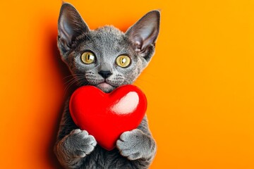 Digital ads visual idea. Lykoi - my cherished cat. Cute lykoi feline infant with companion toy red heart - emblem of love, funny greeting card. Valentine's cat theme. February pet love.